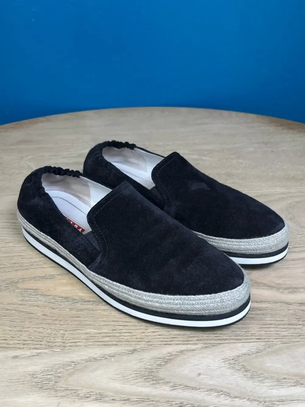 PRADA Saint Tropez Espadrille Slip On Platform Sneakers Black Suede Size 7.5